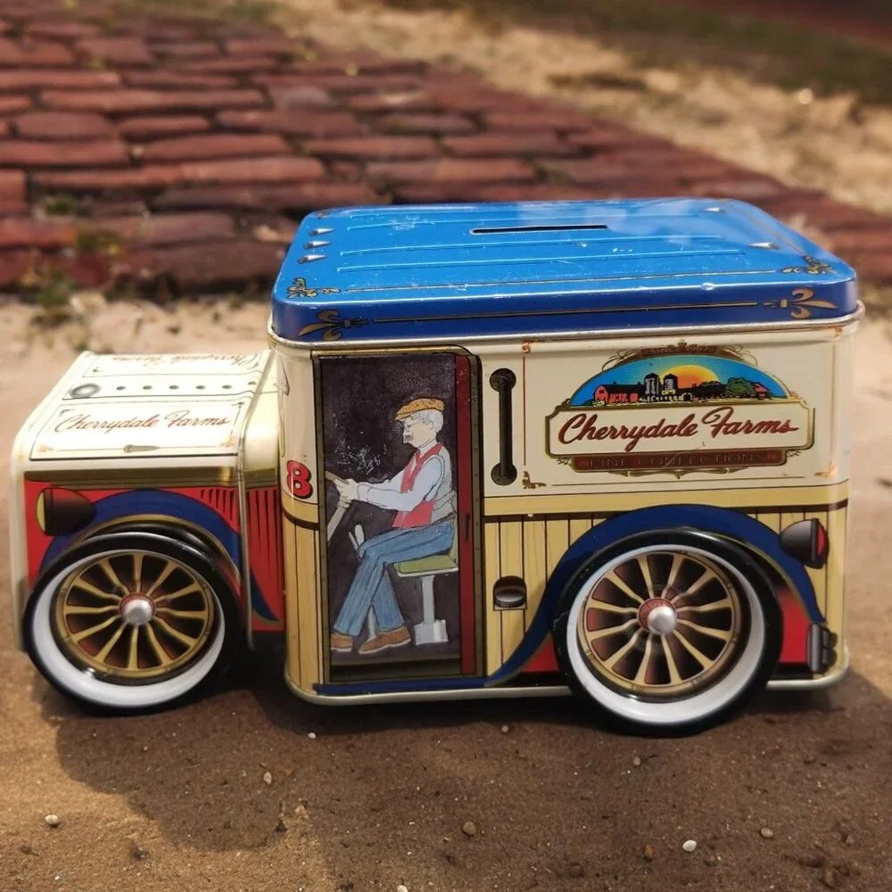 Tin Delivery Truck Coin Bank Vintage Cherrydale Farms w/Spinning Wheels - Picture 2 of 15